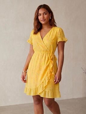 Ophelia Roe Yellow Swiss Dot Faux Wrap Ruffle Cottagecore Boho Chic Dress L